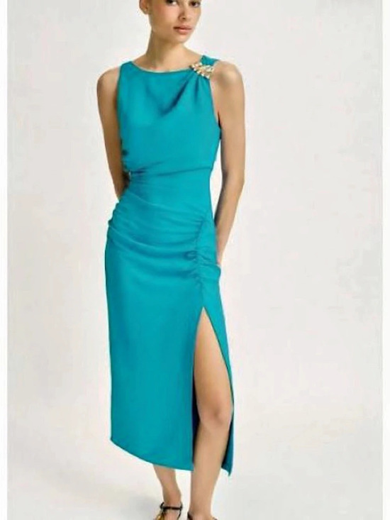 Zara Dresses & Skirts - Zara gold appliqué Midi Dress in Blue